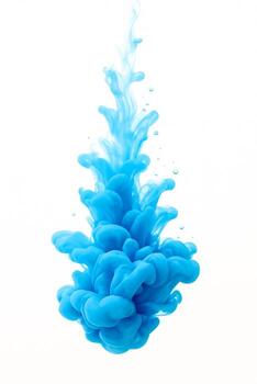 Vibrant blue ink diffuses in clear water forming a cloud-like plume with soft wisps and bubbles, isolated on a clean white background. Minimal abstract backdrop for freshness, creativity and design. photo