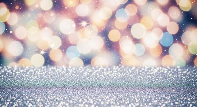 Soft focus bokeh lights and shimmering glitter texture with scattered sparkling particles photo