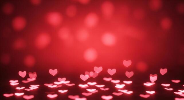Soft glowing pink heart shapes on a dark red gradient background bokeh effect photo