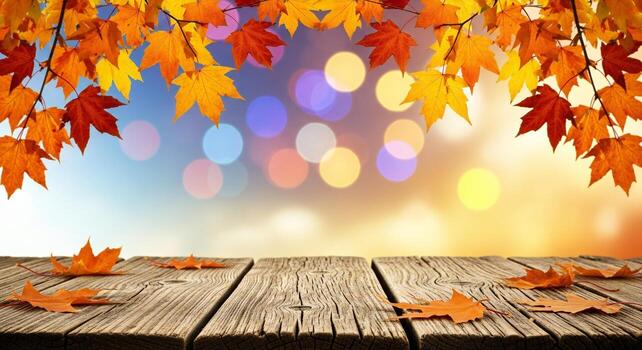 Autumn maple leaves frame a rustic wooden table with scattered leaves against a bokeh background photo