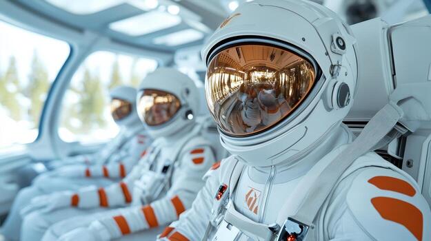 Astronauts futuristic suits prepare for space mission inside spacecraft, showcasing advanced photo