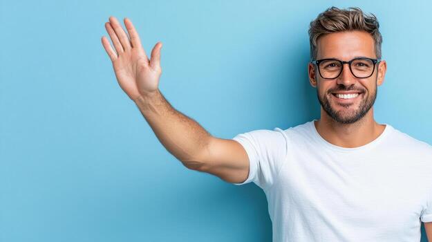 Smiling man waving hand against blue background, expressing friendliness and approachability photo