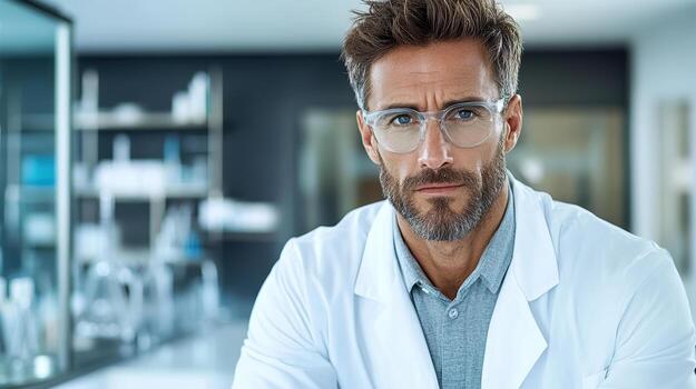 Professional man in lab coat with glasses, focused on research and data analysis photo