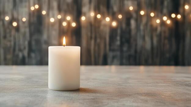 Glowing candle stands elegantly textured surface, creating warm ambiance with soft bokeh lights photo