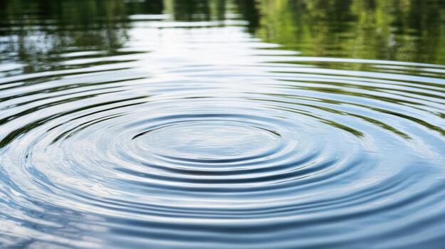 Calm water surface with ripples reflecting surrounding greenery creates serene atmosphere photo