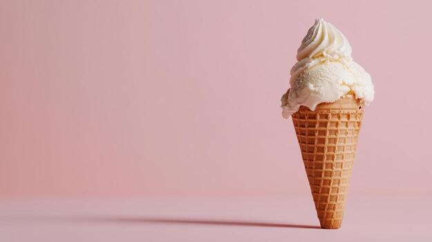 Creamy ice cream cone with soft serve pastel pink background, evoking sweet and nostalgic photo