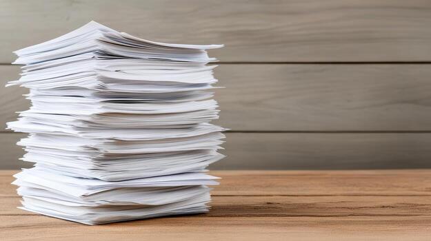 Stack of papers on wooden surface, representing organization and paperwork management photo