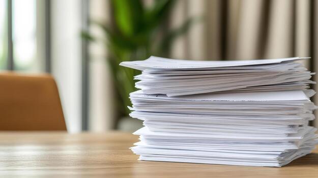Stack of papers wooden table with blurred background of indoor plants, conveying organization photo