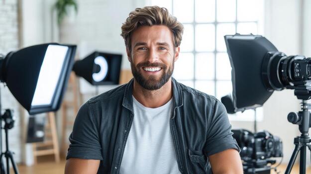 Smiling man in studio with cameras and lighting equipment, showcasing friendly demeanor photo