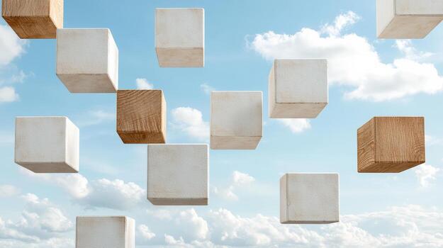 Floating cubes sky create surreal and imaginative scene, blending materials like wood photo