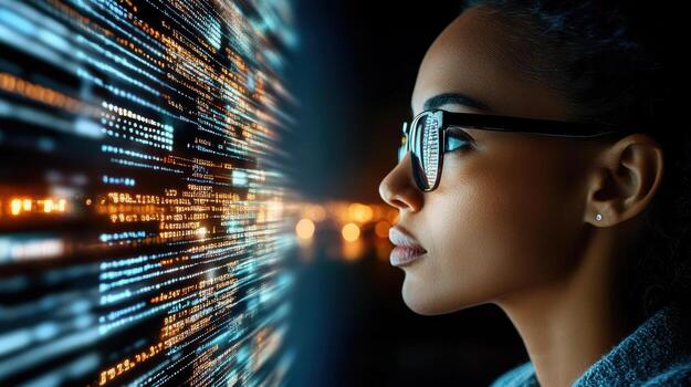 Digital data streams silhouette glasses technology profile night focus innovation photo