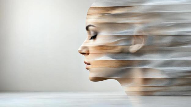 Flowing abstract lines create silhouette of serene face, blending textures and colors photo
