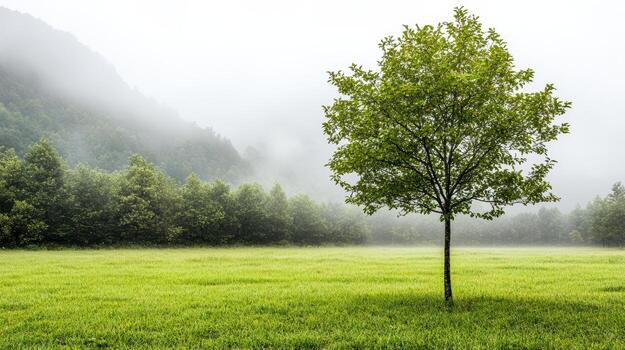 Lush green tree stands alone in foggy meadow, surrounded by serene nature and tranquility photo