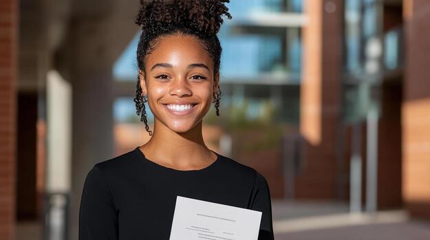 Smiling student holding certificate in modern building photo