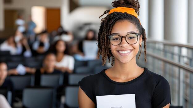 Smiling student holding certificate in modern classroom setting, showcasing achievement and joy photo