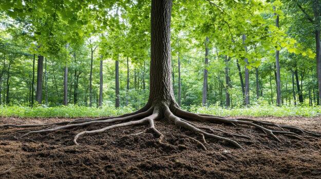 Majestic tree with extensive roots and vibrant green leaves stands in serene forest photo