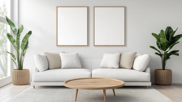 Modern minimalist living room with white sofa, decorative pillows, and empty frames photo