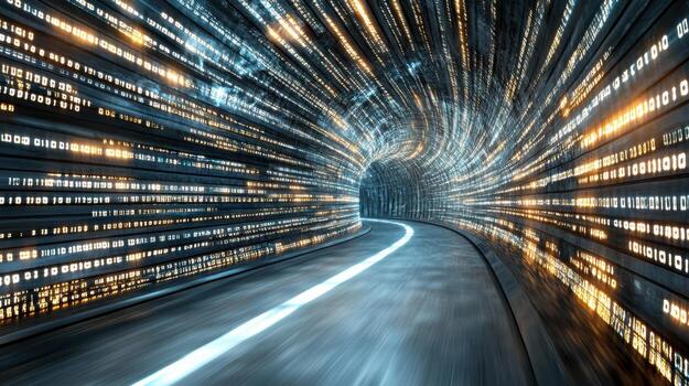 Futuristic tunnel with binary code and light streaks creating sense of speed and technology photo