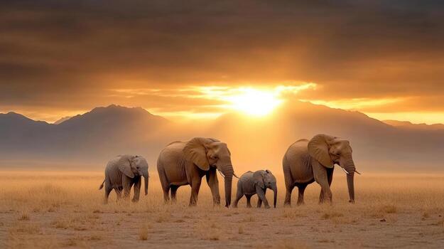 Majestic elephants walking in silhouette during sunset, creating serene atmosphere photo