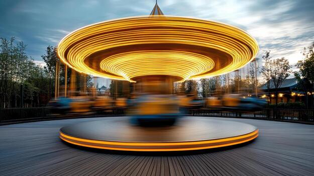 Spinning carousel with glowing lights creates dreamlike atmosphere in evening sky photo