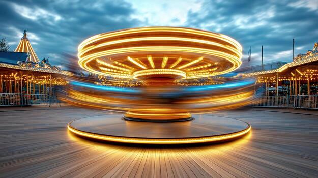 Glowing carousel spinning with dreamlike blur creates magical atmosphere photo