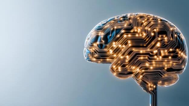 Glowing brain with circuit patterns symbolizes advanced technology and neural interfaces photo