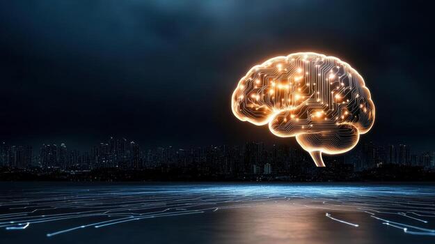 Glowing brain with neural circuits above city skyline night, symbolizing technology photo