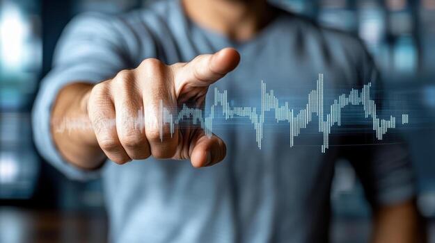 Man points at digital sound wave projection, showcasing technology and innovation photo