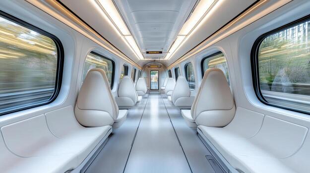Minimalist interior of fast moving train with sleek white seats and large windows photo