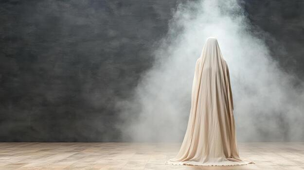 Mysterious figure draped in flowing garment stands in foggy space, evoking haunting atmosphere photo