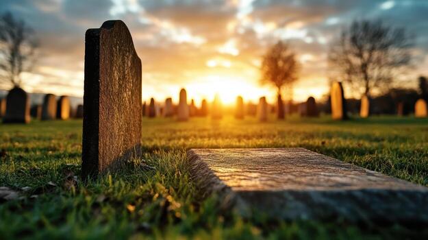 Misty graveyard at dusk with tombstones illuminated by sunset, creating serene atmosphere photo