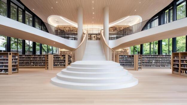 Modern library interior with elegant staircase and large windows, showcasing bright atmosphere photo