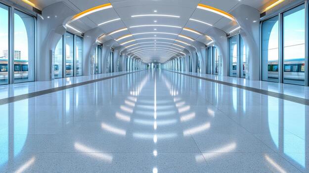 Futuristic train terminal with polished floor reflecting light, creating serene atmosphere photo