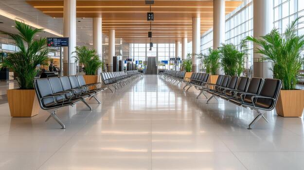 vacío salida salón caracteristicas moderno asientos y lozano verdor, creando sereno atmósfera foto
