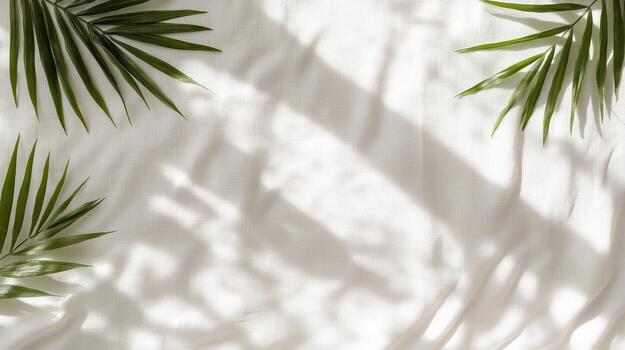 Shadows of leaves create serene pattern white linen fabric, evoking tranquility and nature photo