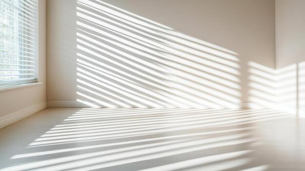 Sharp window blinds casting parallel shadows across minimalist room, creating serene atmosphere photo