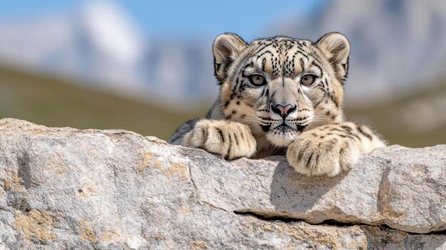 Snow leopard resting on rocky surface, showcasing its beautiful fur and striking eyes photo
