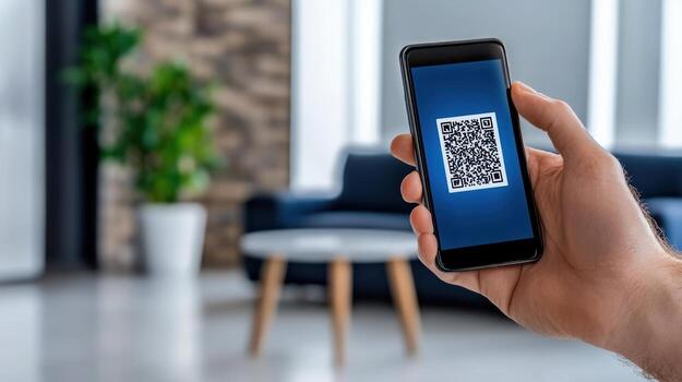 Person holds smartphone displaying QR code modern living room setting, showcasing technology photo