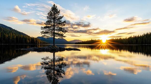 Serene tree stands alone island, reflecting calm lake sunset, surrounded by mountains photo