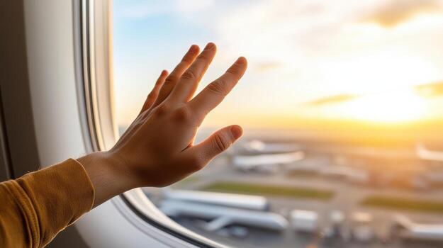 Traveler hand reaches out to touch airplane window, capturing beautiful sunset view photo