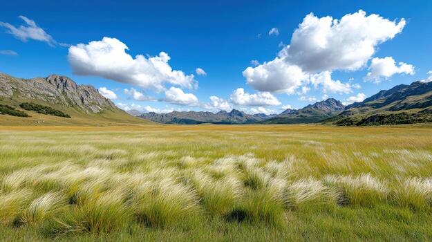 Vast open valley with wind blowing grass under bright blue sky and fluffy clouds photo