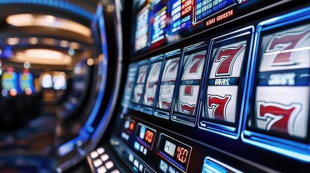 High tech slot machine interface glowing in low light, showcasing vibrant colors and symbols photo