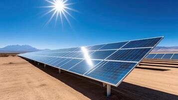 grande escala solar panel granja en Desierto con brillante Dom y claro azul cielo foto
