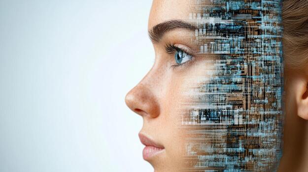 Digital artwork merges human face with abstract technology, showcasing blend of reality photo