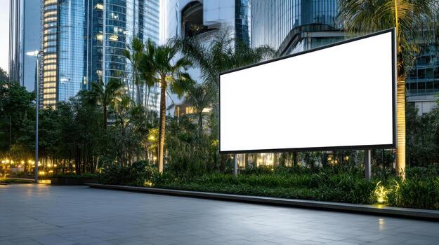 Empty billboard urban setting surrounded by greenery and modern buildings, creating serene photo