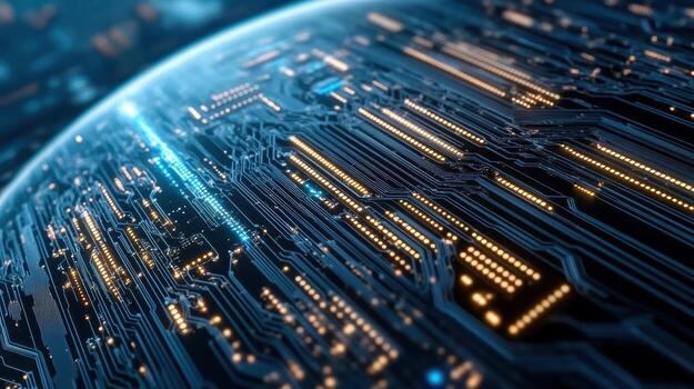 Digital globe with circuit patterns and glowing lines representing technology and connectivity photo