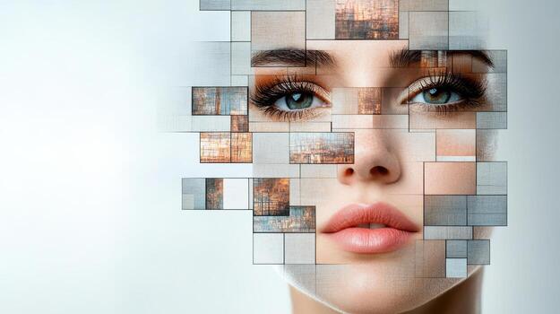 Digital art showcases woman face composed of fragmented geometric shapes, creating surreal photo