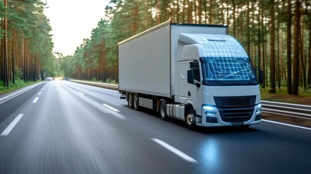 Autonomous delivery truck driving on highway surrounded by trees, showcasing modern technology photo