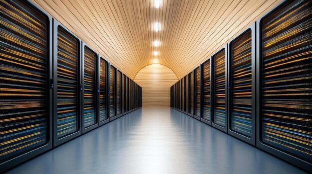 High tech data center with rows of servers, illuminated by warm lights, showcasing modern photo