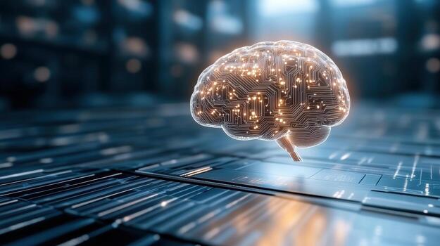 Digital brain with circuit patterns glowing futuristic environment, symbolizing AI technology photo